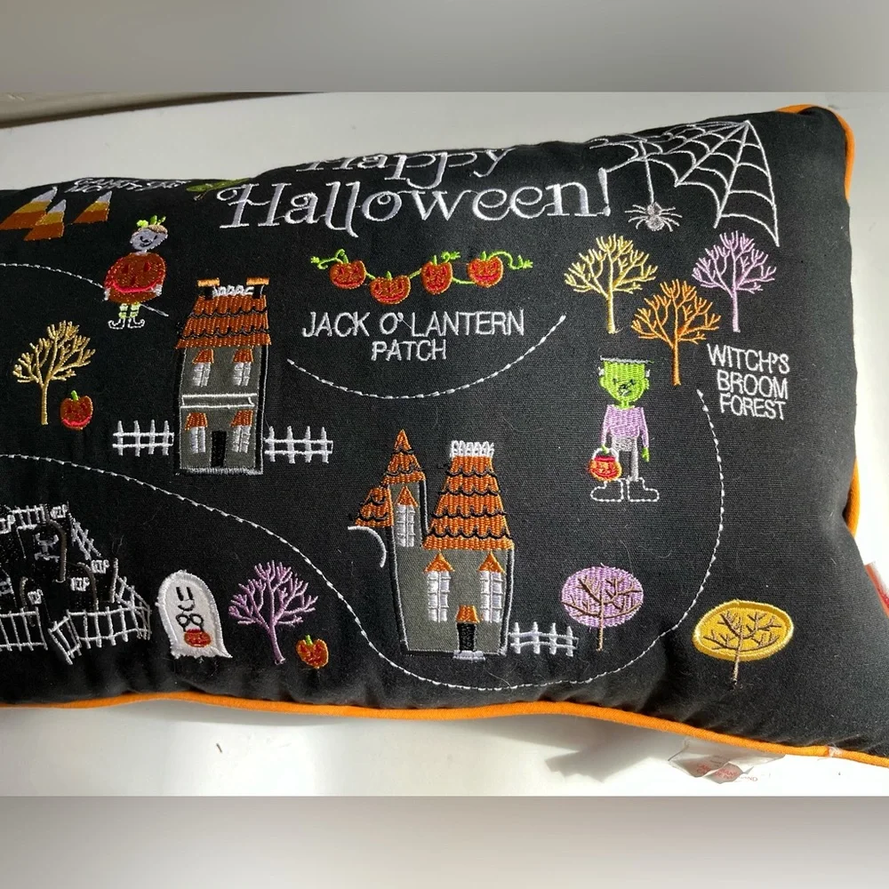 Isaac Mizrahi Large Lumbar Pillow Embroidered Halloween Village Candy Lane